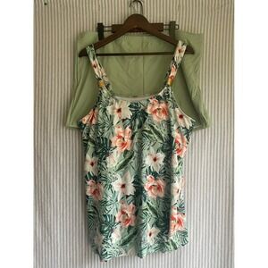 Hannah Nikole Tropical Floral Tankini Set 24W Green Ruffle Top Boy Shorts‎ NWT